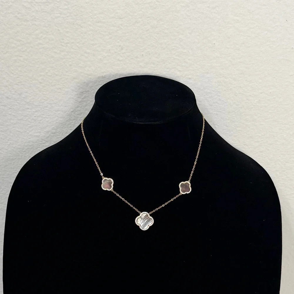 Stella Rose London Black Mother of Pearl Clover Necklace Gold Plated Crystal Pav